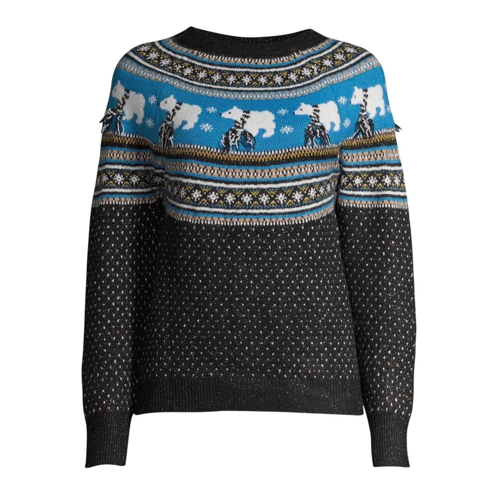 Holiday Time Polar bears in scarfs 3D Gorgeous soft ugly black sweater sz L12-14